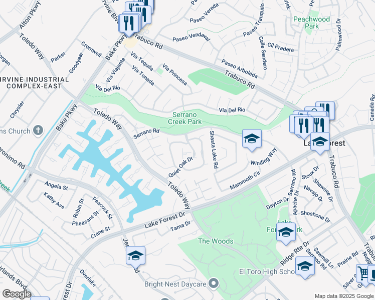 map of restaurants, bars, coffee shops, grocery stores, and more near 24841 Bent Tree Lane in Lake Forest