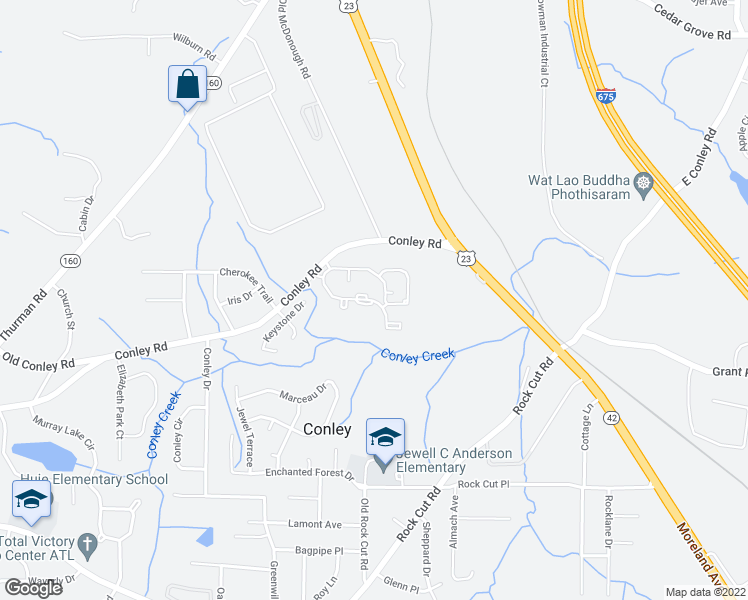 map of restaurants, bars, coffee shops, grocery stores, and more near 1625 Conley Road in Conley