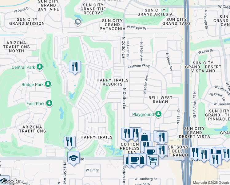 map of restaurants, bars, coffee shops, grocery stores, and more near 17101-17199 West Cool Water in Surprise