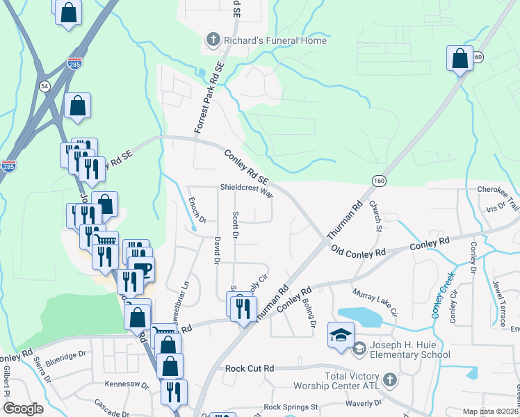 map of restaurants, bars, coffee shops, grocery stores, and more near 3964 Joanne Court in Forest Park