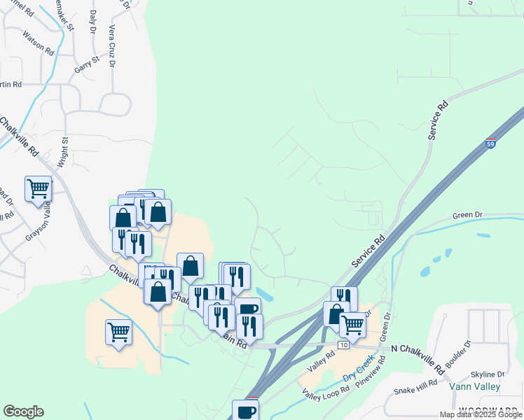 map of restaurants, bars, coffee shops, grocery stores, and more near 6479 Misty Ridge Drive in Birmingham