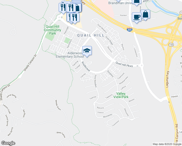 map of restaurants, bars, coffee shops, grocery stores, and more near 8 Peppercorn in Irvine