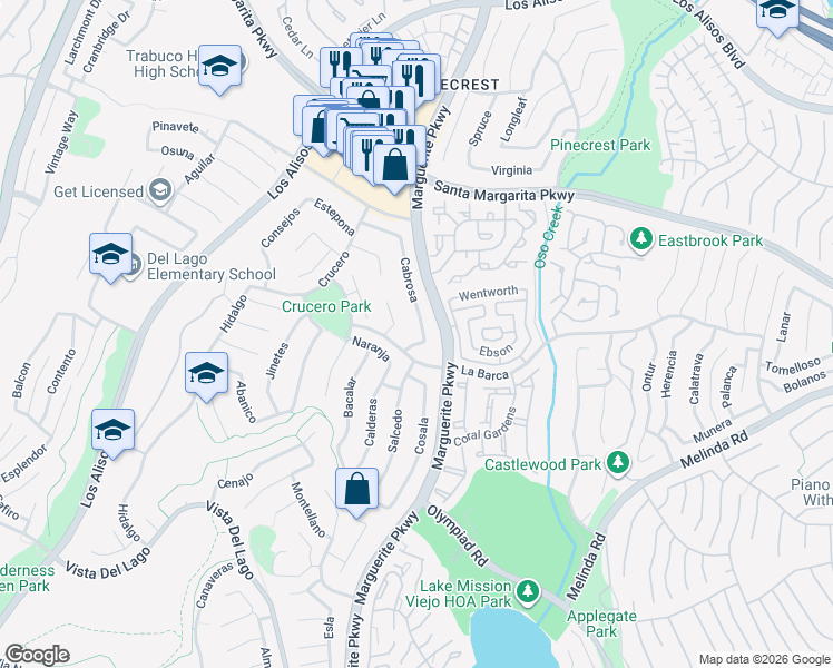 map of restaurants, bars, coffee shops, grocery stores, and more near 21782 Salado in Mission Viejo