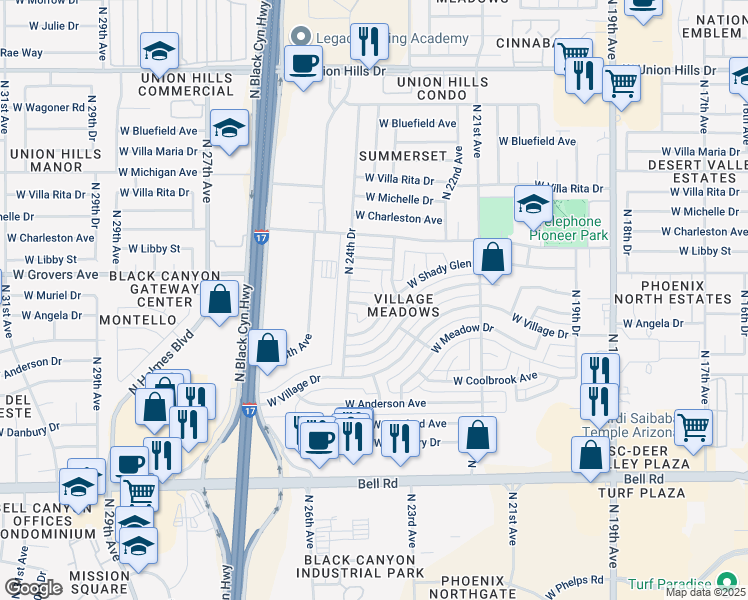 map of restaurants, bars, coffee shops, grocery stores, and more near 2402 West Angela Drive in Phoenix