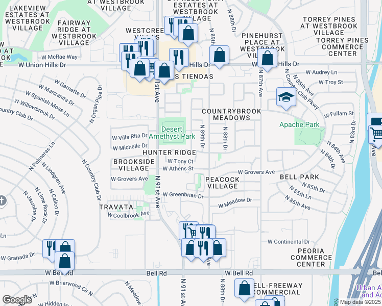 map of restaurants, bars, coffee shops, grocery stores, and more near 8947 West Charleston Avenue in Peoria