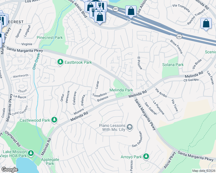 map of restaurants, bars, coffee shops, grocery stores, and more near 21761 Santa Pola in Mission Viejo