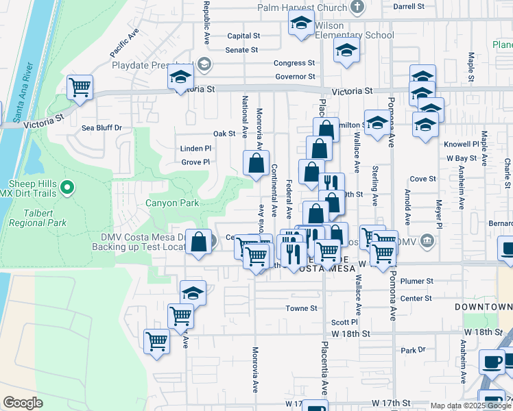 map of restaurants, bars, coffee shops, grocery stores, and more near 1983 Monrovia Avenue in Costa Mesa
