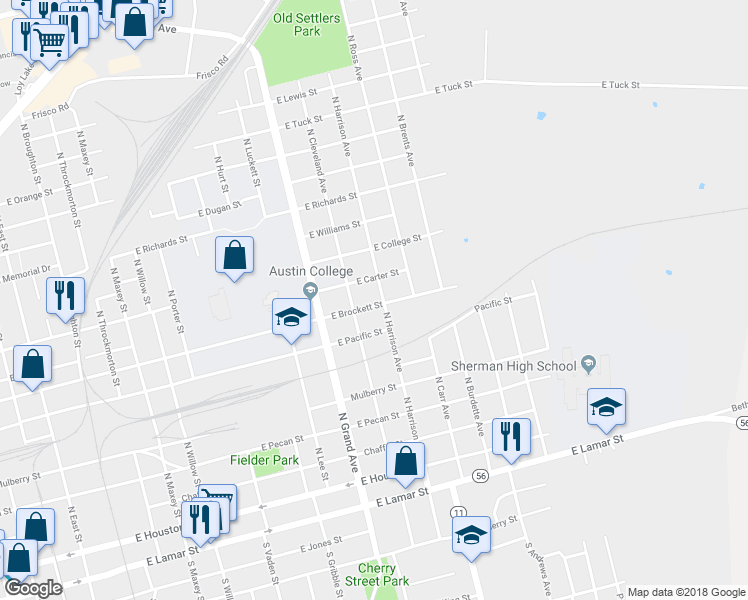 map of restaurants, bars, coffee shops, grocery stores, and more near 700 North Harrison Avenue in Sherman