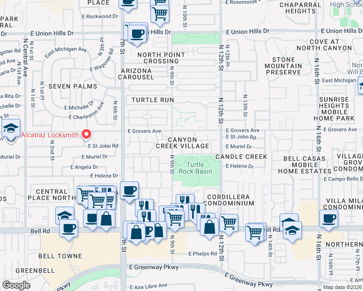 map of restaurants, bars, coffee shops, grocery stores, and more near 17617 North 9th Street in Phoenix