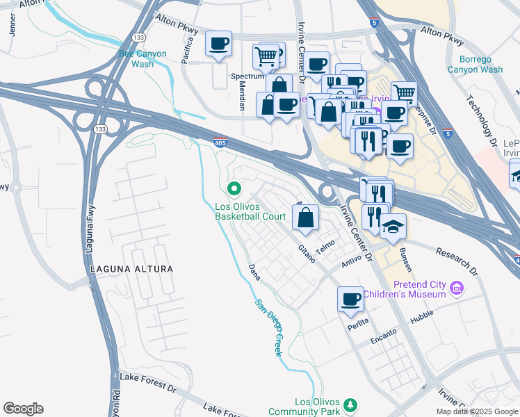 map of restaurants, bars, coffee shops, grocery stores, and more near 115 Gitano in Irvine