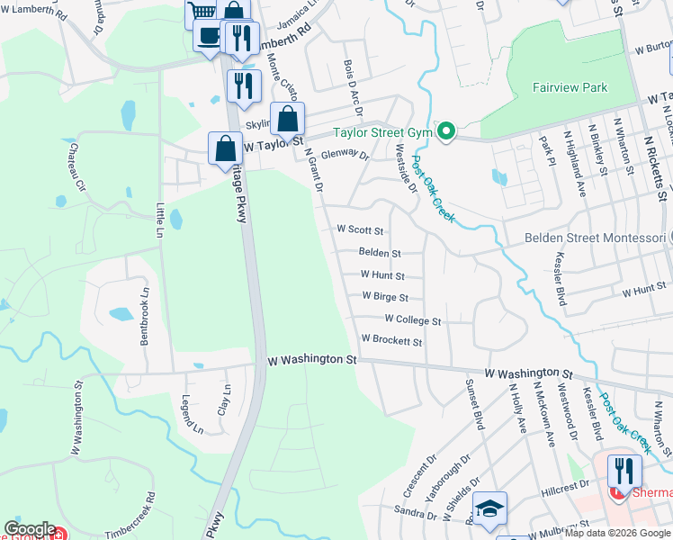 map of restaurants, bars, coffee shops, grocery stores, and more near 1204 North Grant Drive in Sherman