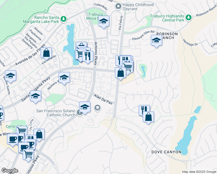 map of restaurants, bars, coffee shops, grocery stores, and more near 36 Via Amistosa in Rancho Santa Margarita