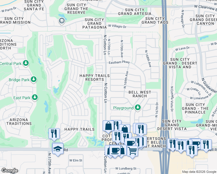 map of restaurants, bars, coffee shops, grocery stores, and more near 17850 North 170th Lane in Surprise