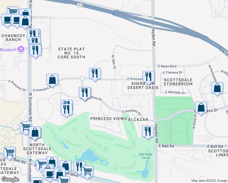 map of restaurants, bars, coffee shops, grocery stores, and more near 17628 North 77th Way in Scottsdale