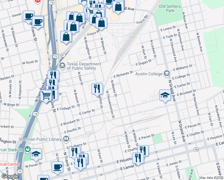 map of restaurants, bars, coffee shops, grocery stores, and more near 918 North Maxey Street in Sherman