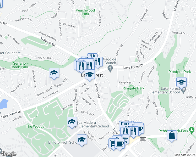 map of restaurants, bars, coffee shops, grocery stores, and more near in Lake Forest