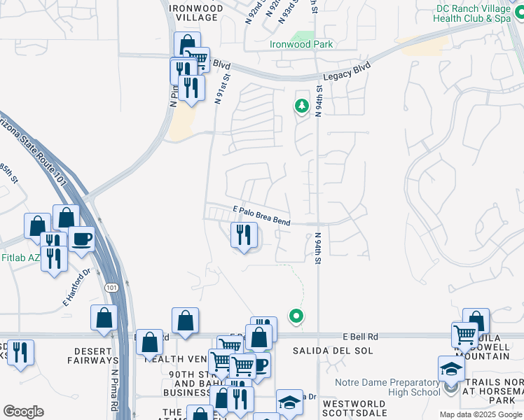 map of restaurants, bars, coffee shops, grocery stores, and more near 9273 East Desert Arroyos in Scottsdale