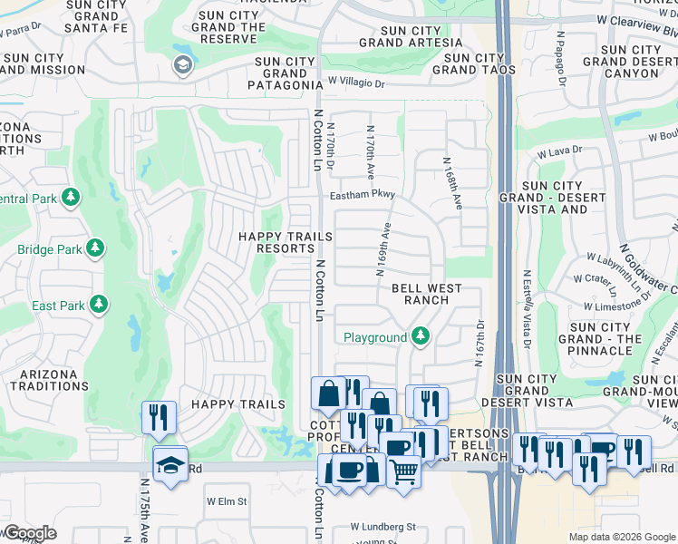 map of restaurants, bars, coffee shops, grocery stores, and more near 17850 North 170th Lane in Surprise
