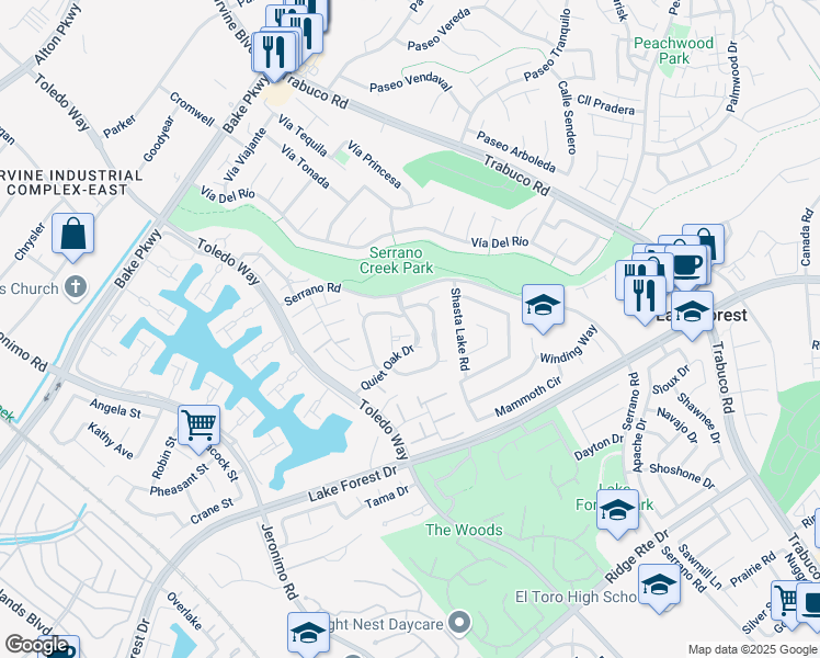 map of restaurants, bars, coffee shops, grocery stores, and more near 24841 Bent Tree Lane in Lake Forest
