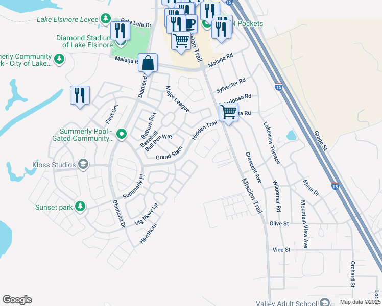 map of restaurants, bars, coffee shops, grocery stores, and more near 29199 Black Oak in Lake Elsinore