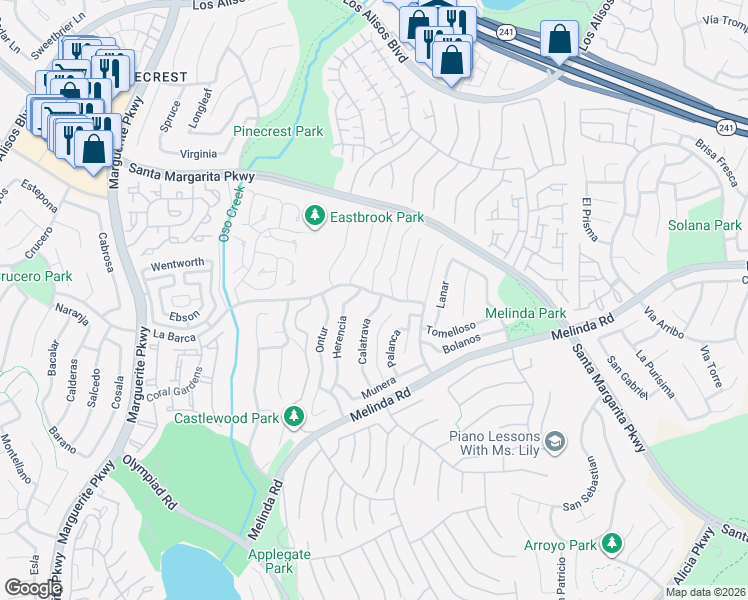 map of restaurants, bars, coffee shops, grocery stores, and more near 21761 Calatrava in Mission Viejo