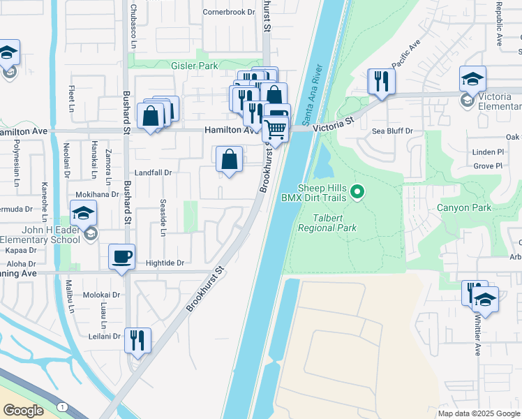 map of restaurants, bars, coffee shops, grocery stores, and more near 21782 Brookhurst Street in Huntington Beach