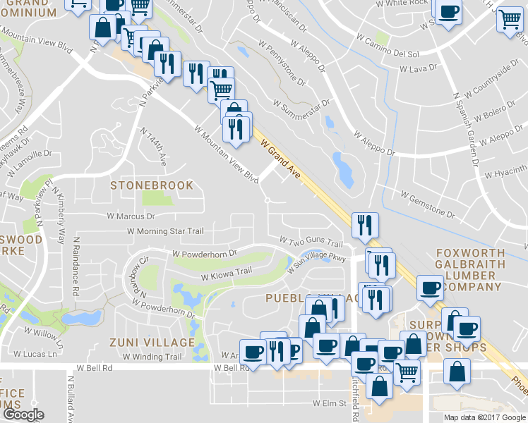 map of restaurants, bars, coffee shops, grocery stores, and more near 17874 North White Horse Trail in Surprise