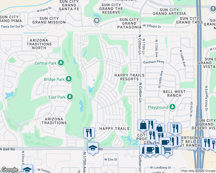 map of restaurants, bars, coffee shops, grocery stores, and more near 17200 West Bell Road in Surprise