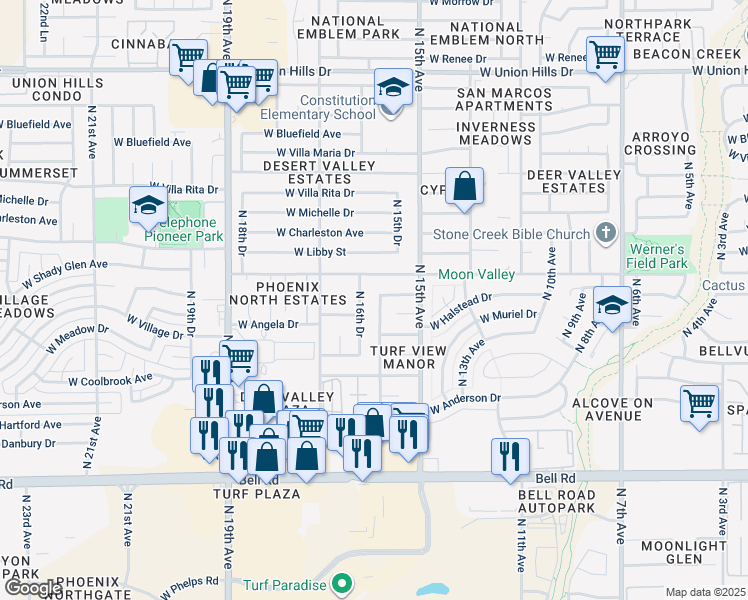 map of restaurants, bars, coffee shops, grocery stores, and more near 17638 North 16th Avenue in Phoenix