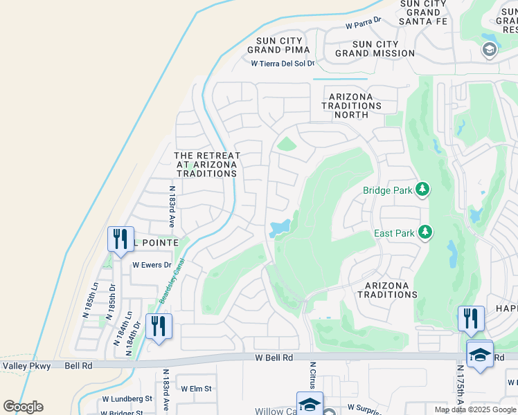 map of restaurants, bars, coffee shops, grocery stores, and more near 17835 North Fiesta Drive in Surprise