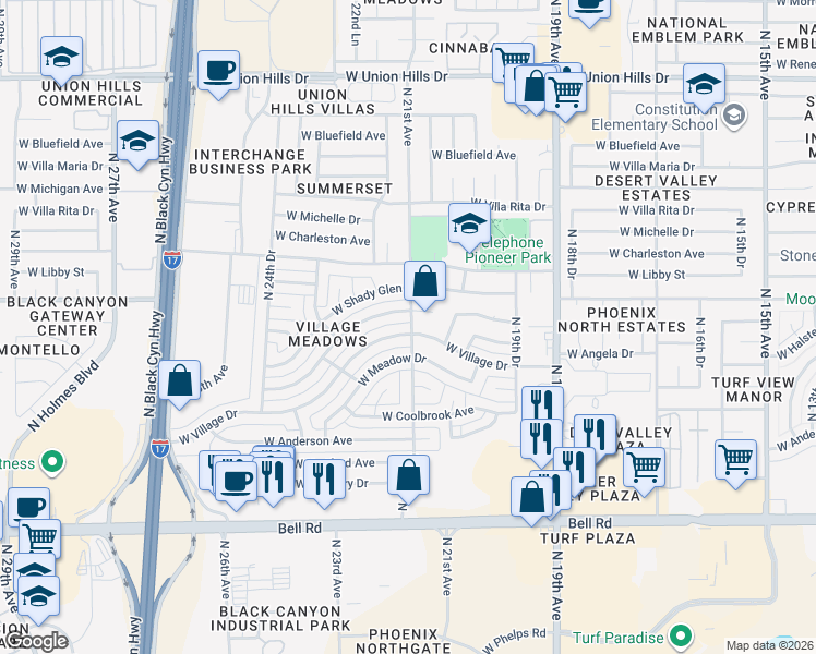 map of restaurants, bars, coffee shops, grocery stores, and more near 17600 North 21st Avenue in Phoenix