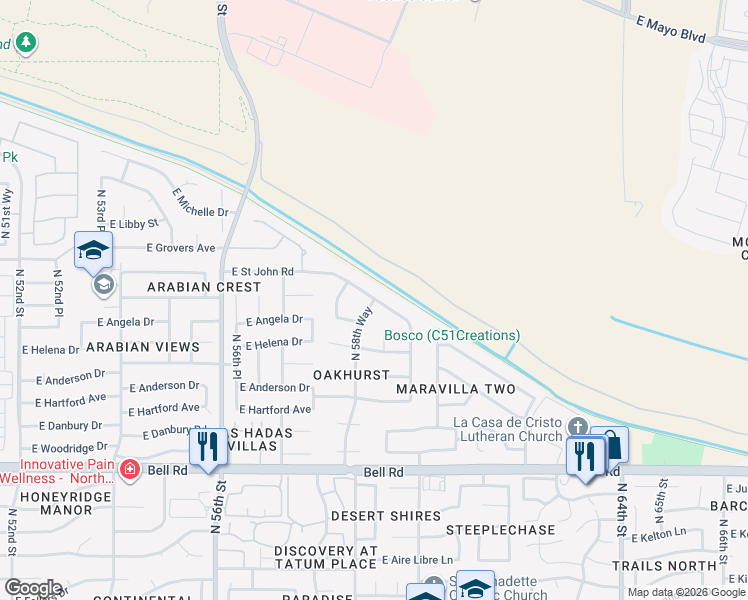 map of restaurants, bars, coffee shops, grocery stores, and more near 5861 East Saint John Road in Scottsdale