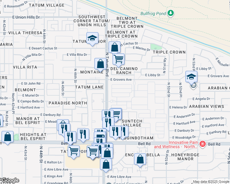 map of restaurants, bars, coffee shops, grocery stores, and more near 4825 East Saint John Road in Scottsdale