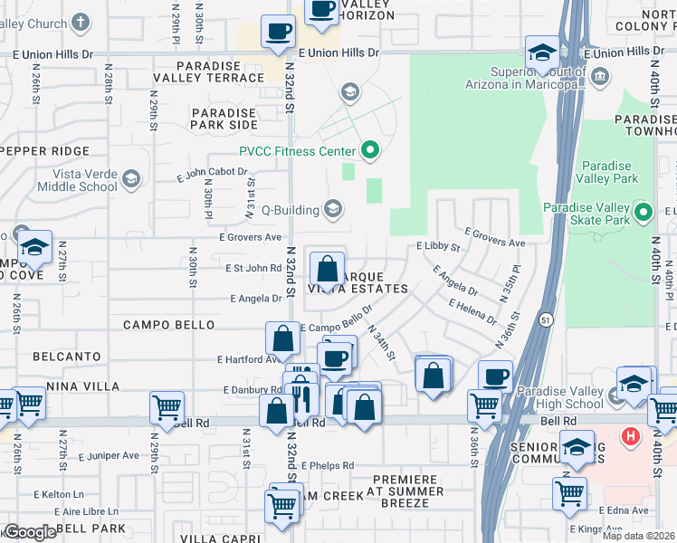map of restaurants, bars, coffee shops, grocery stores, and more near 3402 East Angela Drive in Phoenix
