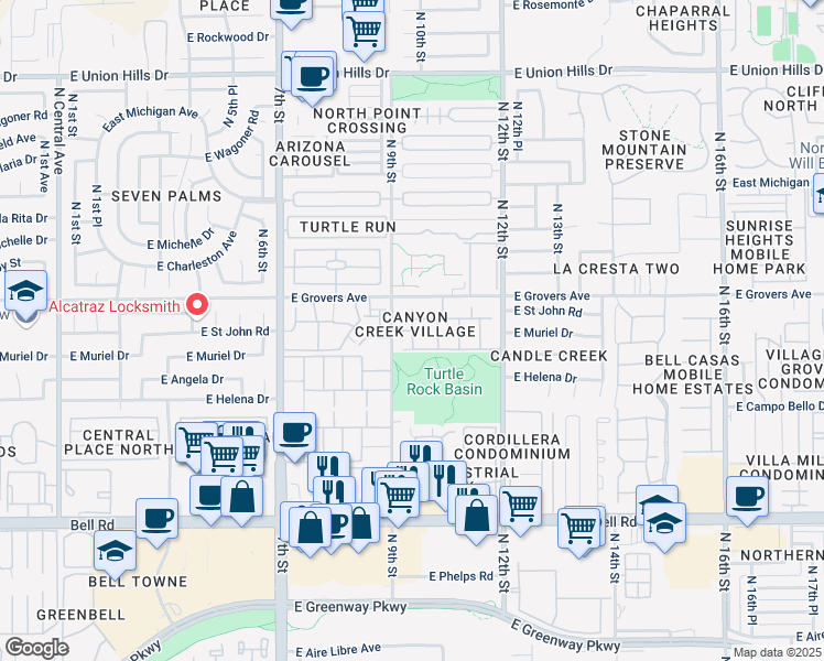 map of restaurants, bars, coffee shops, grocery stores, and more near 17617 North 9th Street in Phoenix