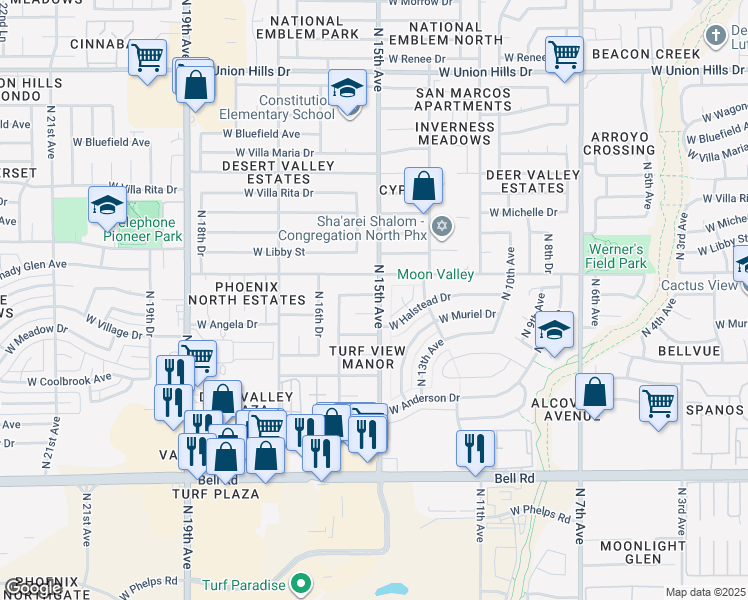 map of restaurants, bars, coffee shops, grocery stores, and more near 1507 West Saint John Road in Phoenix