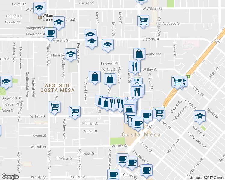 map of restaurants, bars, coffee shops, grocery stores, and more near 1987 Maple Avenue in Costa Mesa