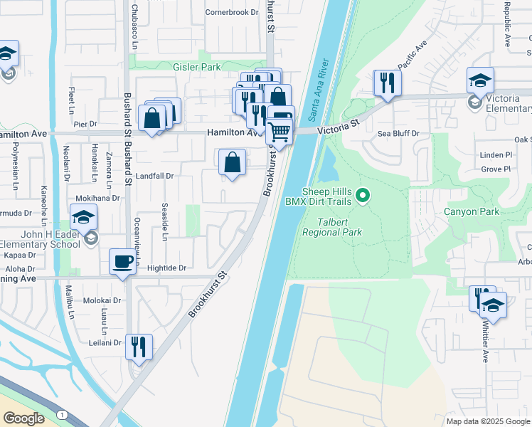 map of restaurants, bars, coffee shops, grocery stores, and more near 21782 Brookhurst Street in Huntington Beach