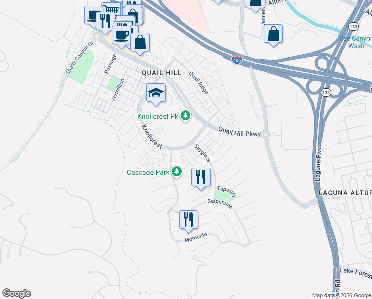 map of restaurants, bars, coffee shops, grocery stores, and more near 101 Tall Oak in Irvine