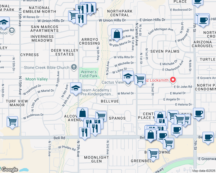 map of restaurants, bars, coffee shops, grocery stores, and more near 307 West Saint John Road in Phoenix