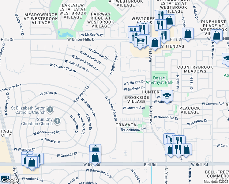 map of restaurants, bars, coffee shops, grocery stores, and more near 9319 West Spanish Moss Lane in Sun City