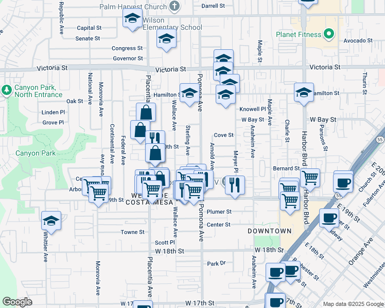 map of restaurants, bars, coffee shops, grocery stores, and more near 1985 Sterling Avenue in Costa Mesa