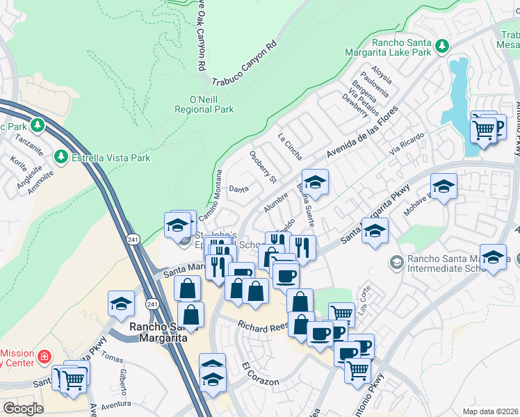 map of restaurants, bars, coffee shops, grocery stores, and more near 42d Avenida de las Flores in Rancho Santa Margarita