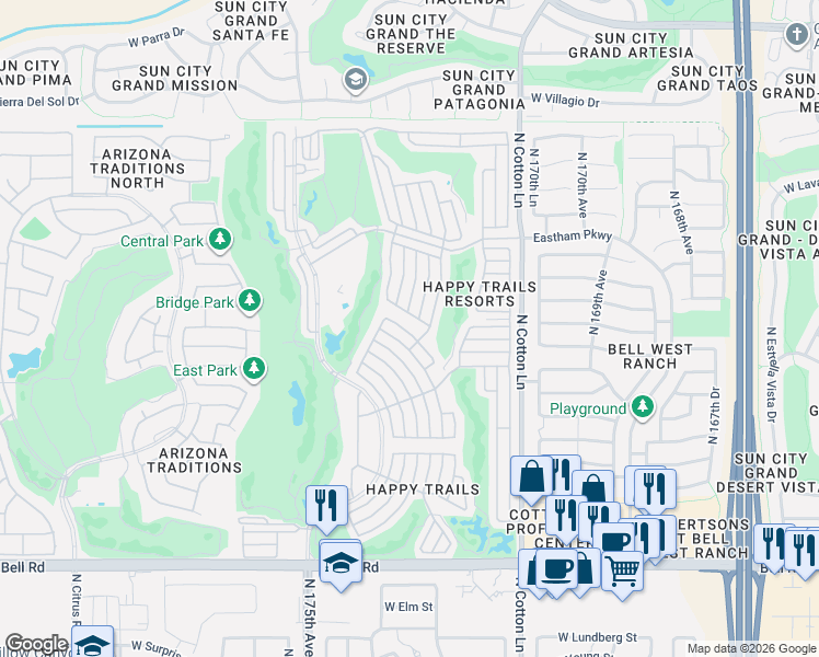 map of restaurants, bars, coffee shops, grocery stores, and more near 17200 West Bell Road in Surprise