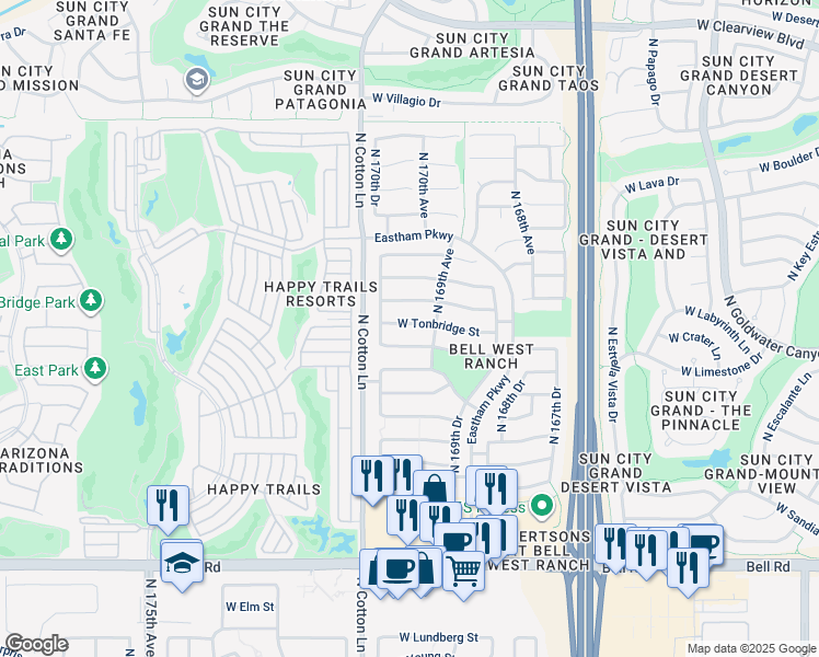 map of restaurants, bars, coffee shops, grocery stores, and more near 16963 West Tonbridge Street in Surprise