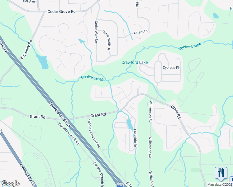 map of restaurants, bars, coffee shops, grocery stores, and more near 2514 Brookgate Way in Ellenwood