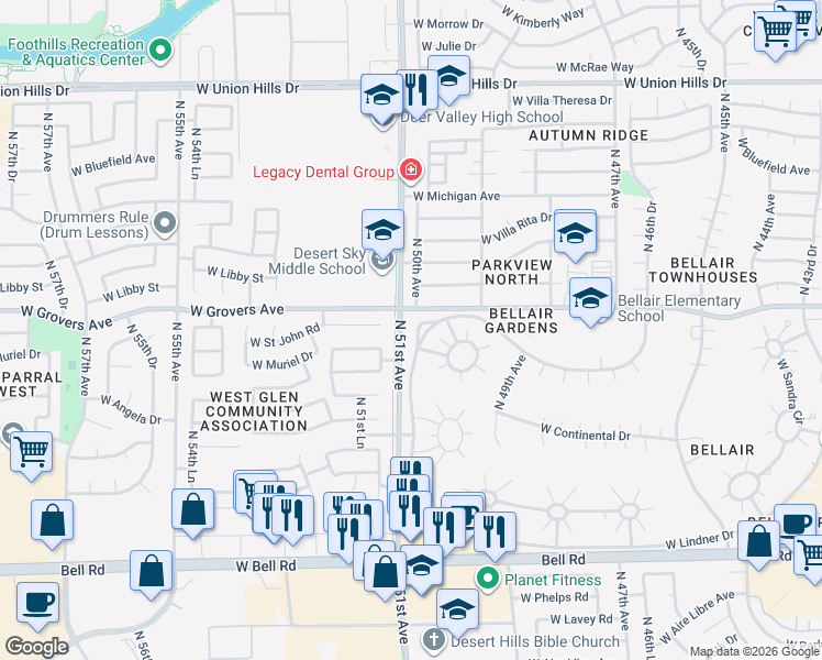 map of restaurants, bars, coffee shops, grocery stores, and more near 17614 North Lindner Drive in Glendale