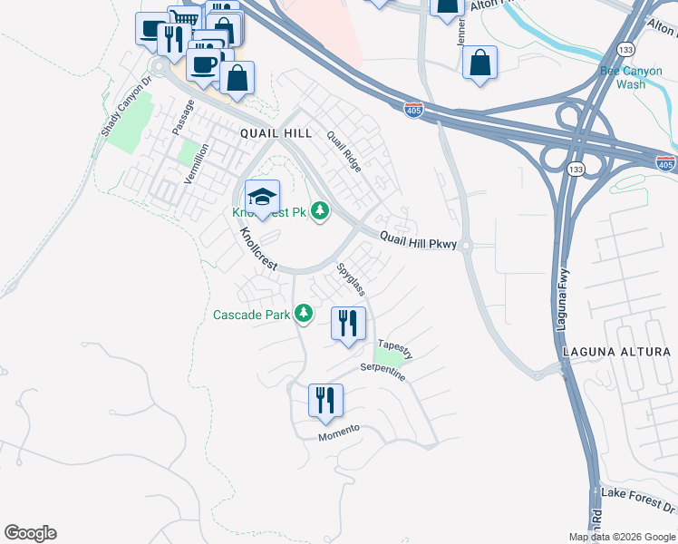map of restaurants, bars, coffee shops, grocery stores, and more near 143 Tall Oak in Irvine