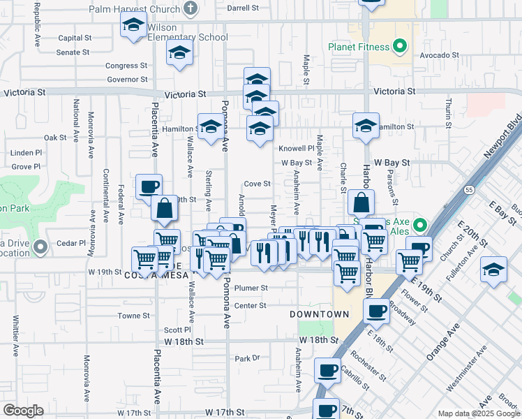 map of restaurants, bars, coffee shops, grocery stores, and more near 648 Ross Street in Costa Mesa
