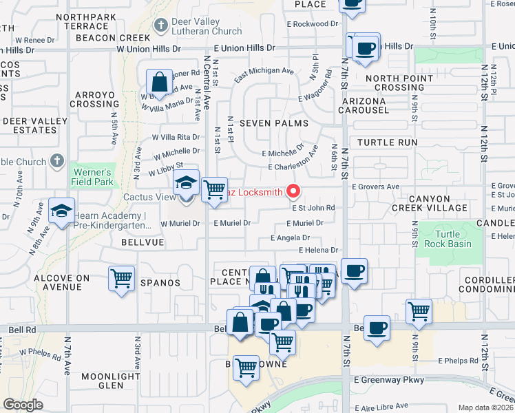 map of restaurants, bars, coffee shops, grocery stores, and more near 218 East Saint John Road in Phoenix